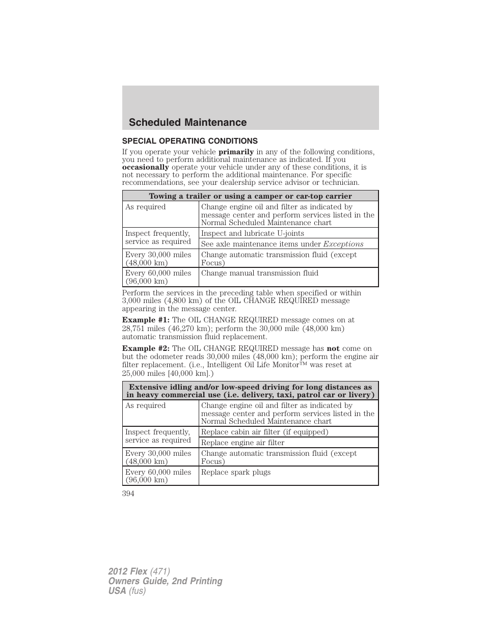 Special operating conditions, Scheduled maintenance | FORD 2012 Flex v.2 User Manual | Page 395 / 407