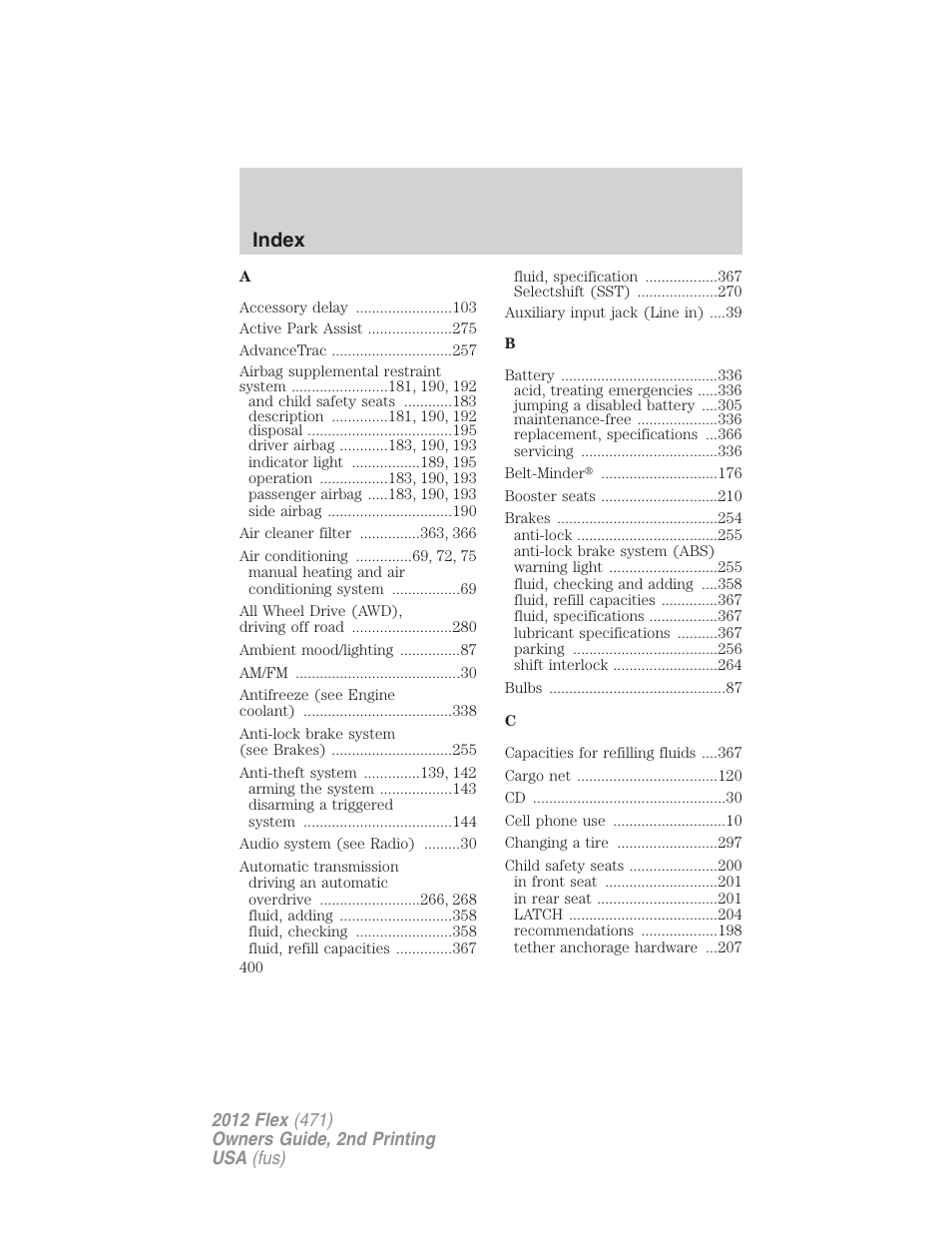 Index | FORD 2012 Flex v.2 User Manual | Page 401 / 407