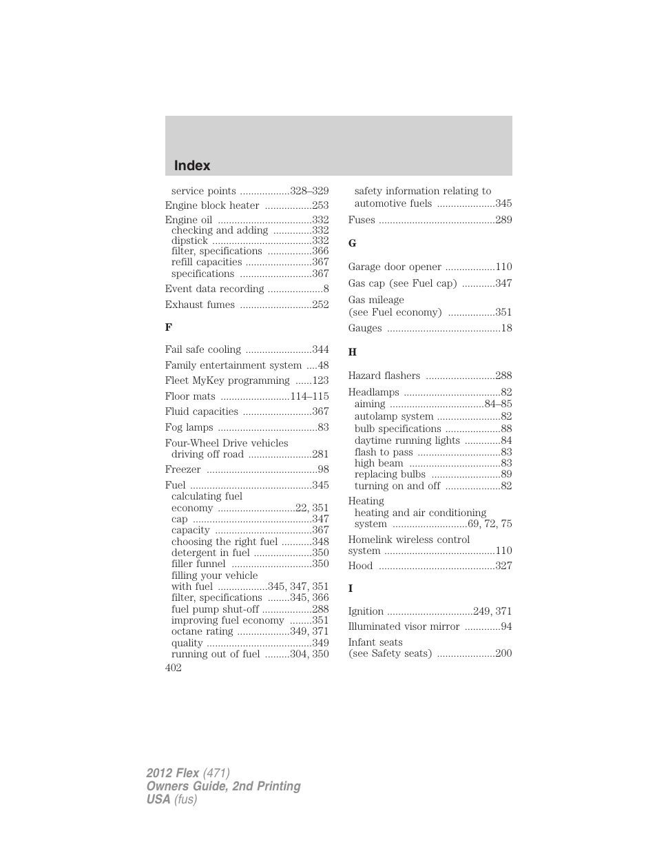 Index | FORD 2012 Flex v.2 User Manual | Page 403 / 407