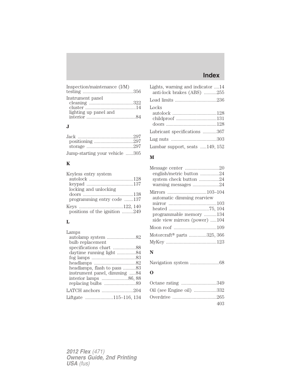 Index | FORD 2012 Flex v.2 User Manual | Page 404 / 407