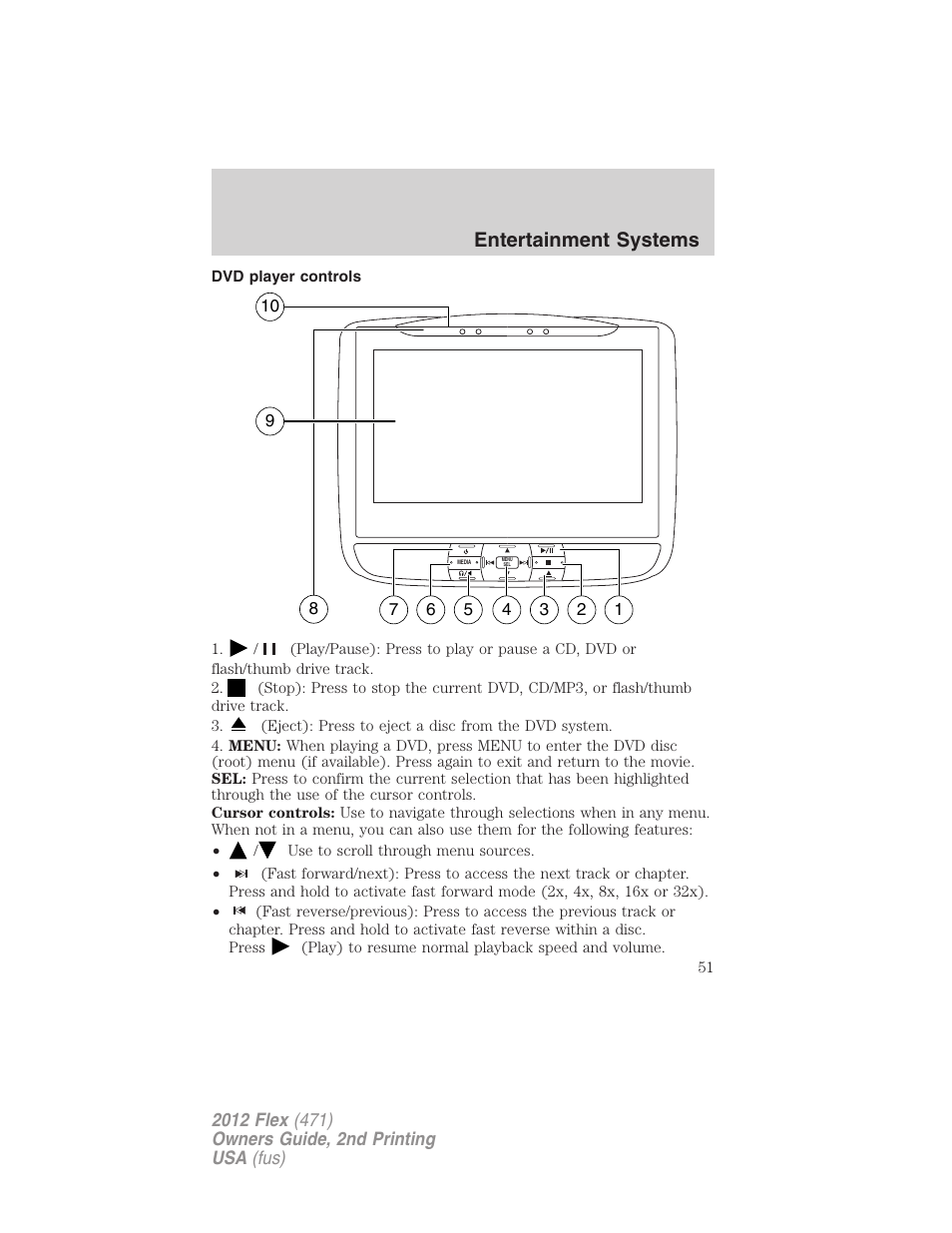 Dvd player controls, Entertainment systems | FORD 2012 Flex v.2 User Manual | Page 52 / 407