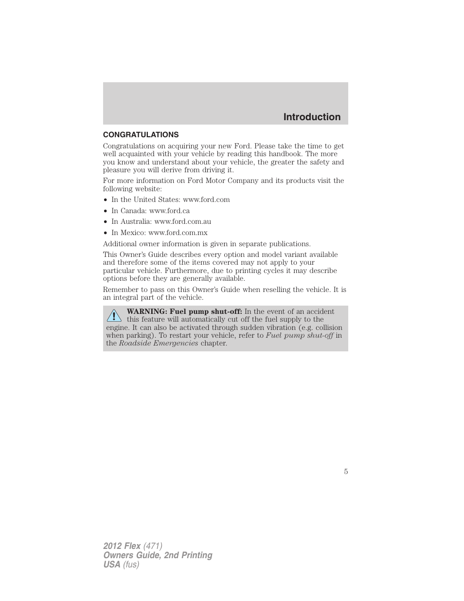 Introduction, Congratulations | FORD 2012 Flex v.2 User Manual | Page 6 / 407