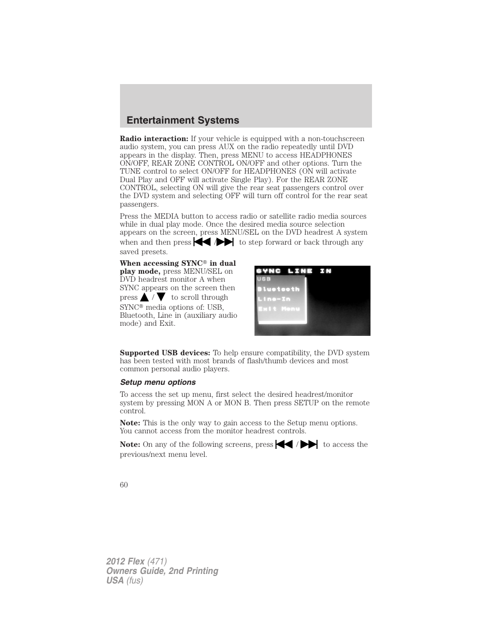 Setup menu options, Entertainment systems | FORD 2012 Flex v.2 User Manual | Page 61 / 407