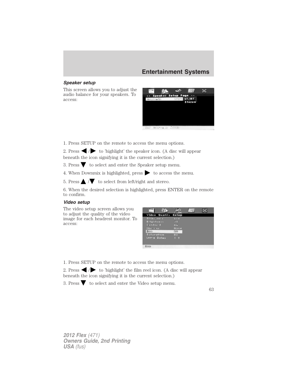 Speaker setup, Video setup, Entertainment systems | FORD 2012 Flex v.2 User Manual | Page 64 / 407