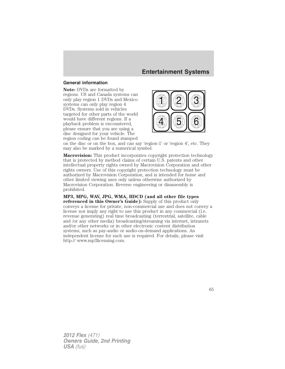 General information, Entertainment systems | FORD 2012 Flex v.2 User Manual | Page 66 / 407
