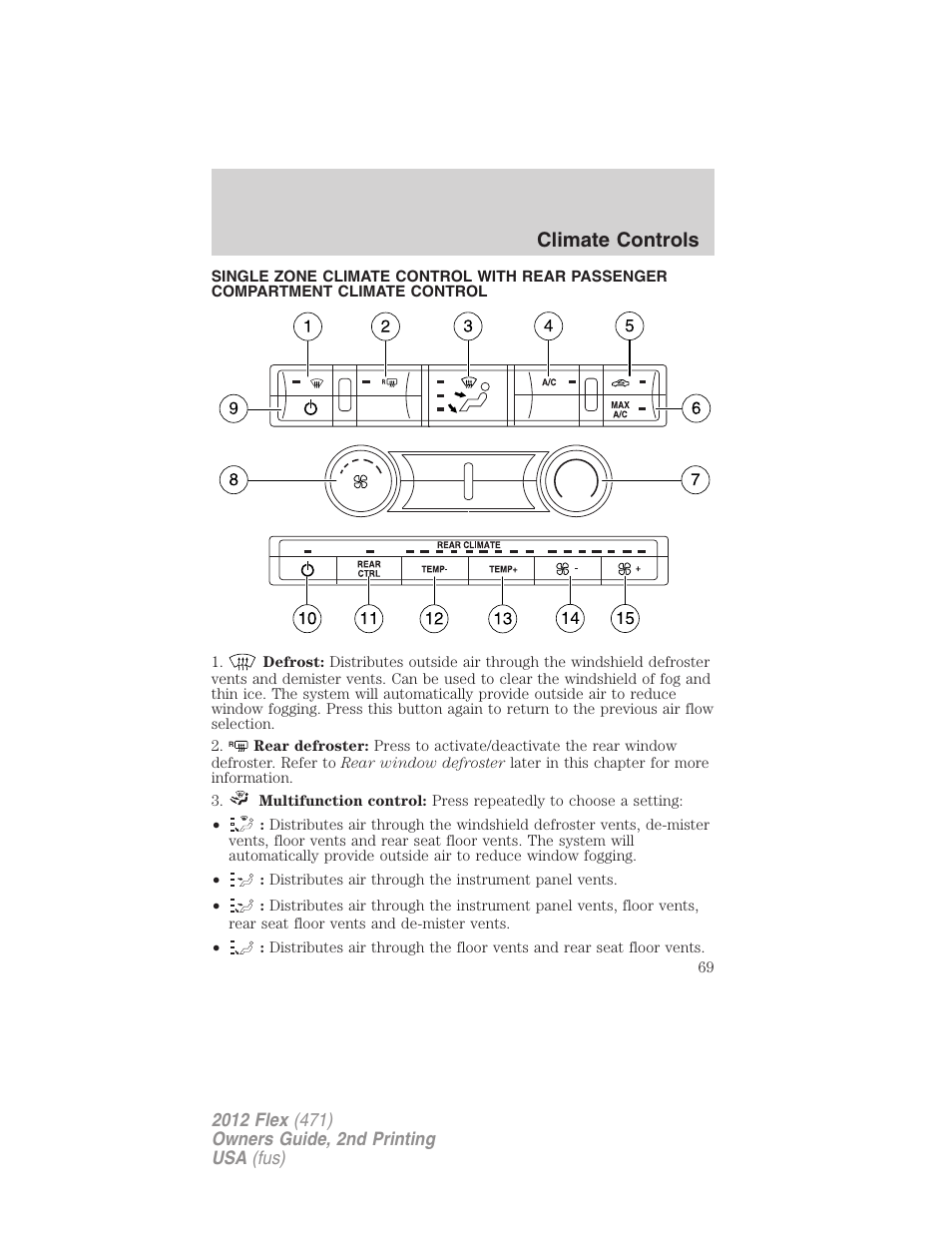 Climate controls, Manual heating and air conditioning | FORD 2012 Flex v.2 User Manual | Page 70 / 407