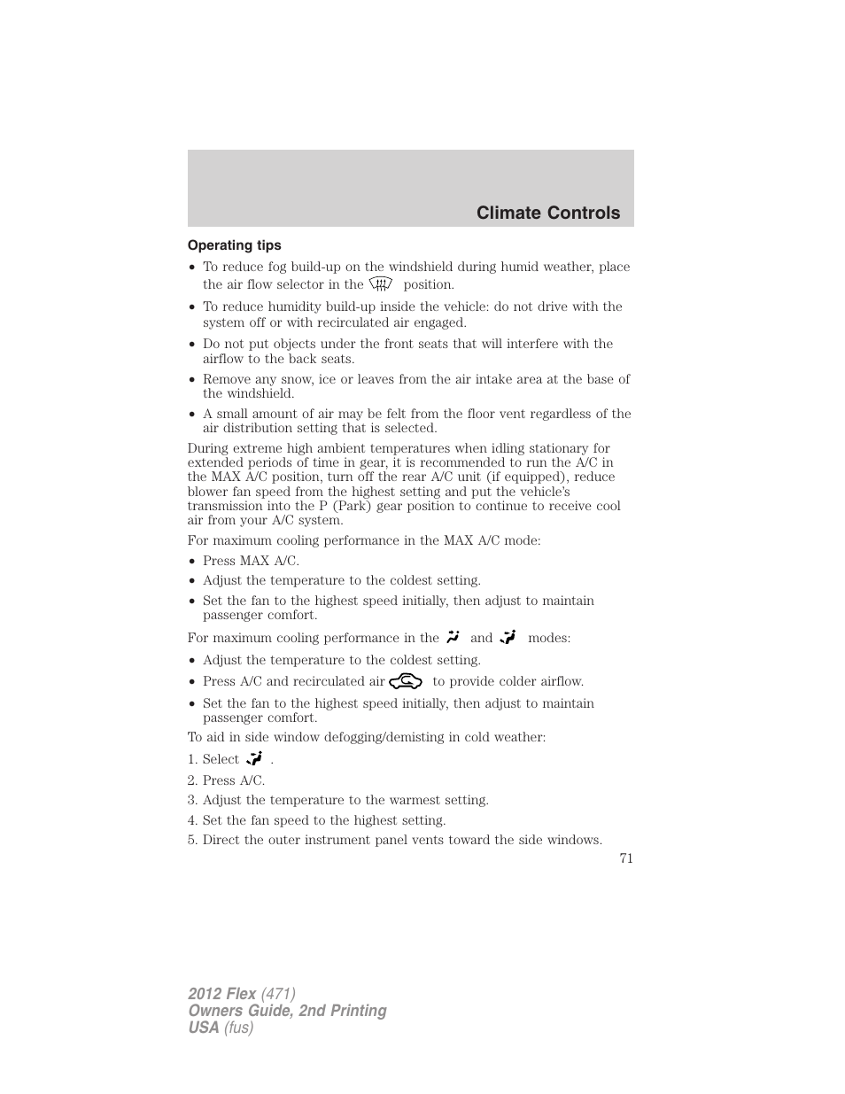Operating tips, Climate controls | FORD 2012 Flex v.2 User Manual | Page 72 / 407
