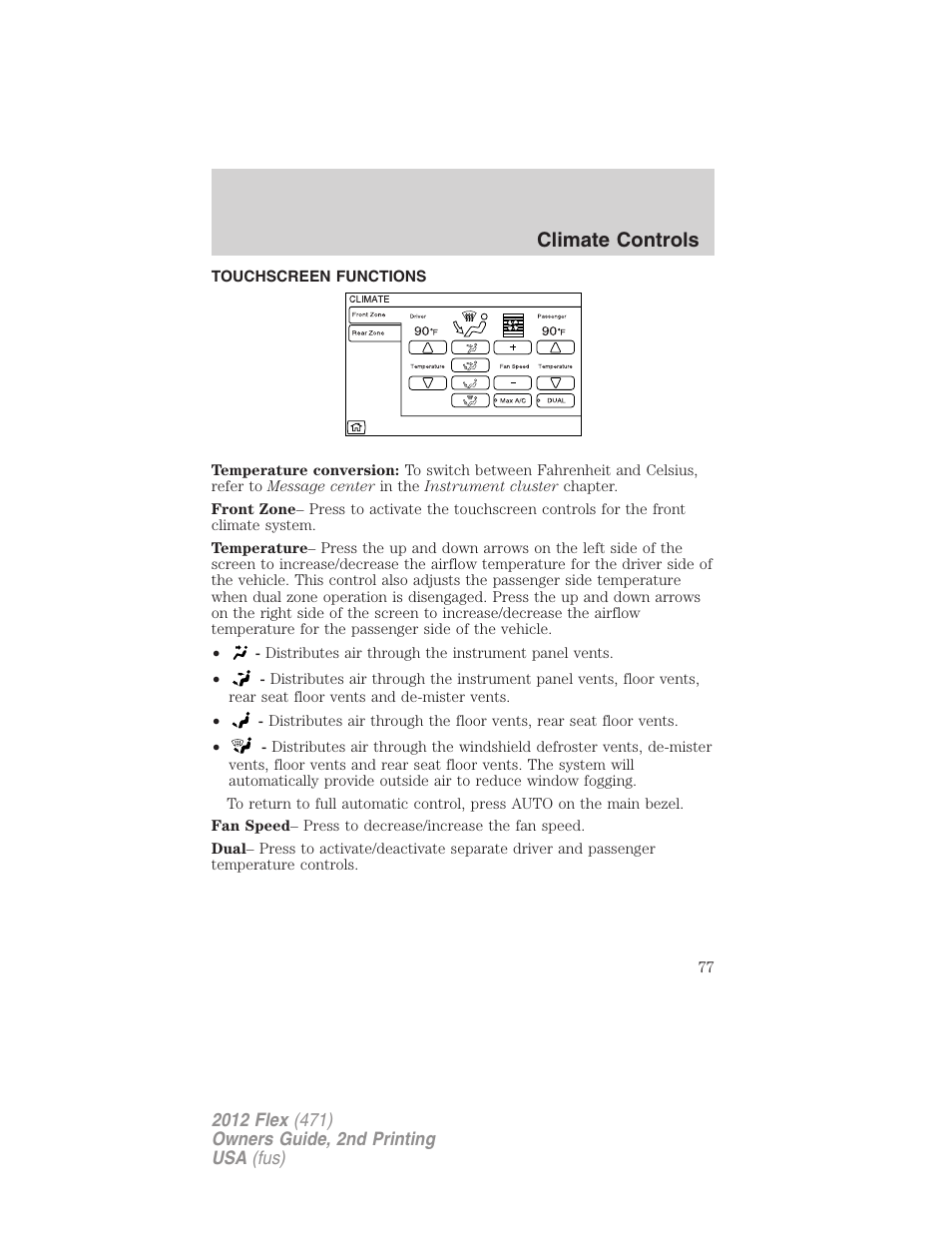 Touchscreen functions, Climate controls | FORD 2012 Flex v.2 User Manual | Page 78 / 407