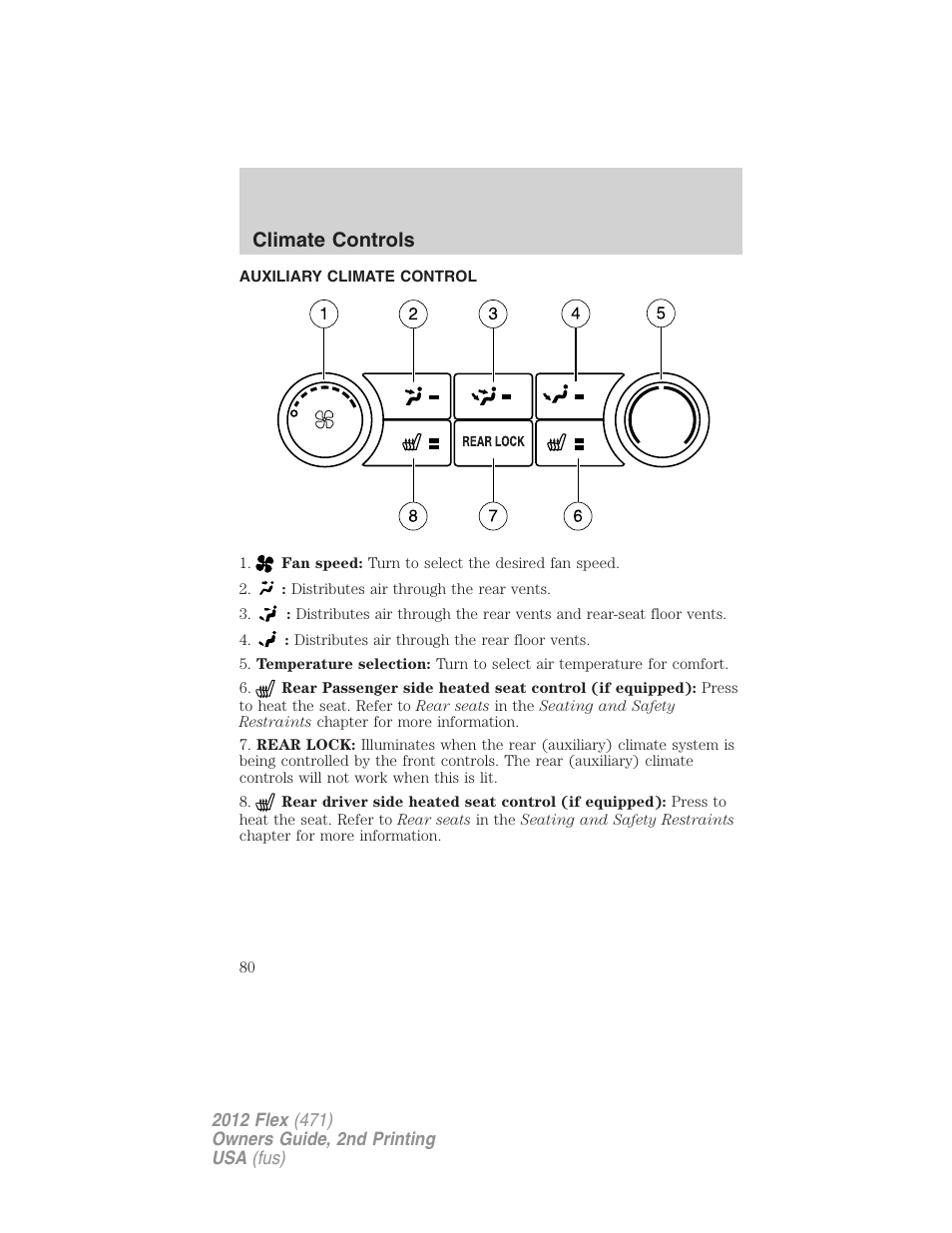 Auxiliary climate control, Climate controls | FORD 2012 Flex v.2 User Manual | Page 81 / 407