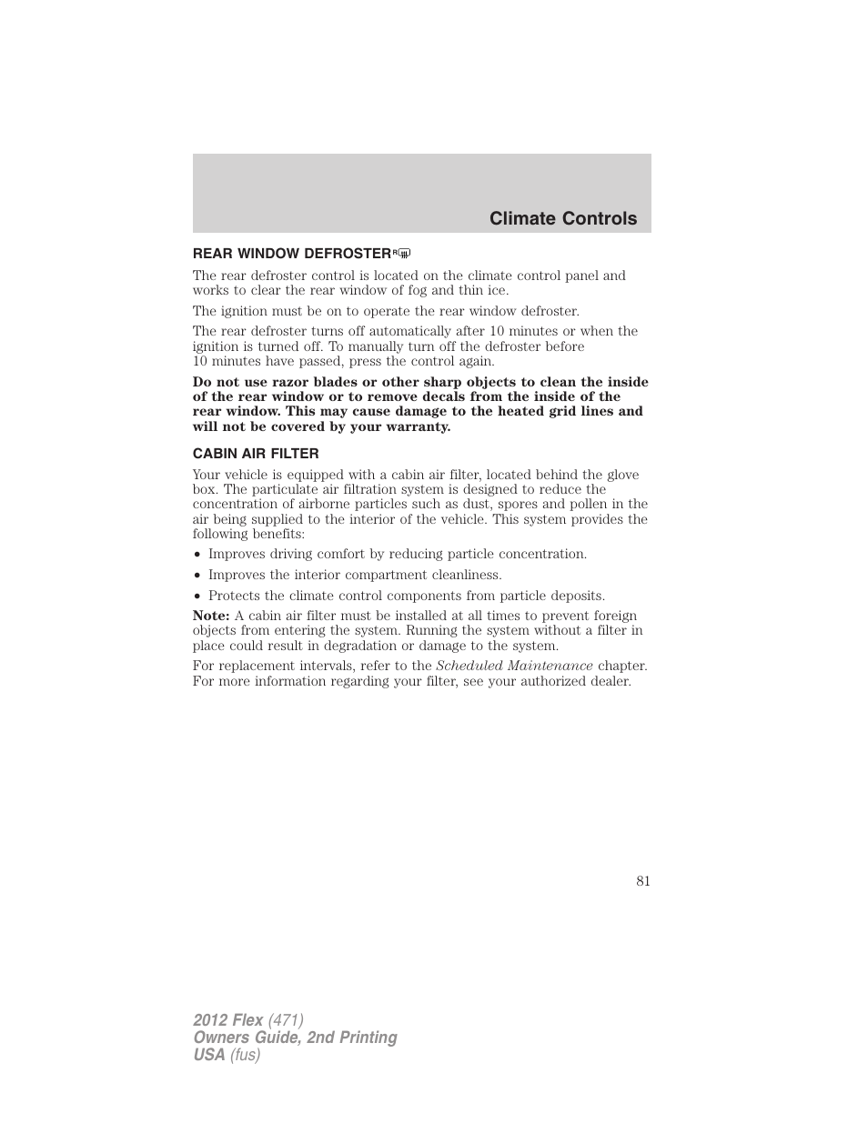 Rear window defroster, Cabin air filter, Climate controls | FORD 2012 Flex v.2 User Manual | Page 82 / 407