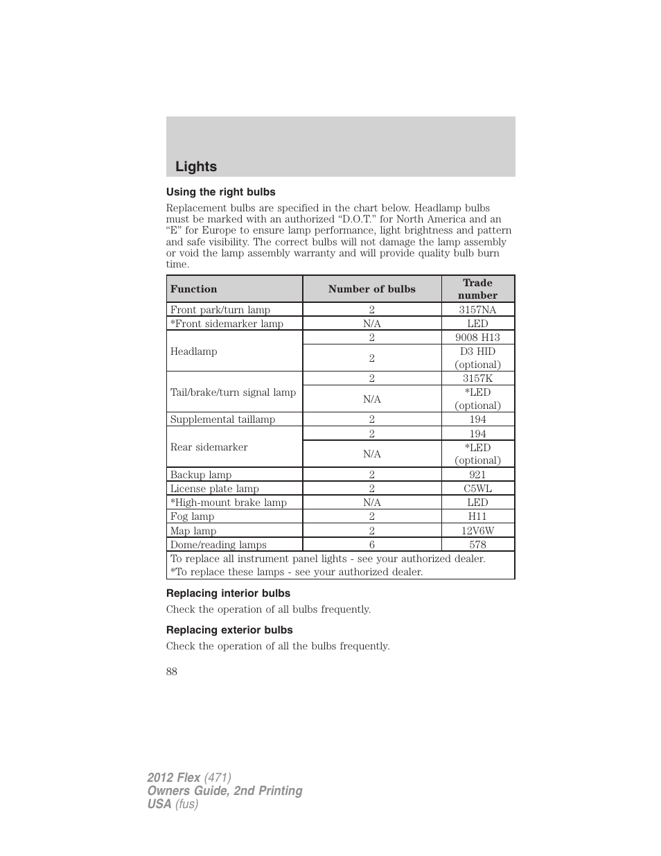 Using the right bulbs, Replacing interior bulbs, Replacing exterior bulbs | Lights | FORD 2012 Flex v.2 User Manual | Page 89 / 407