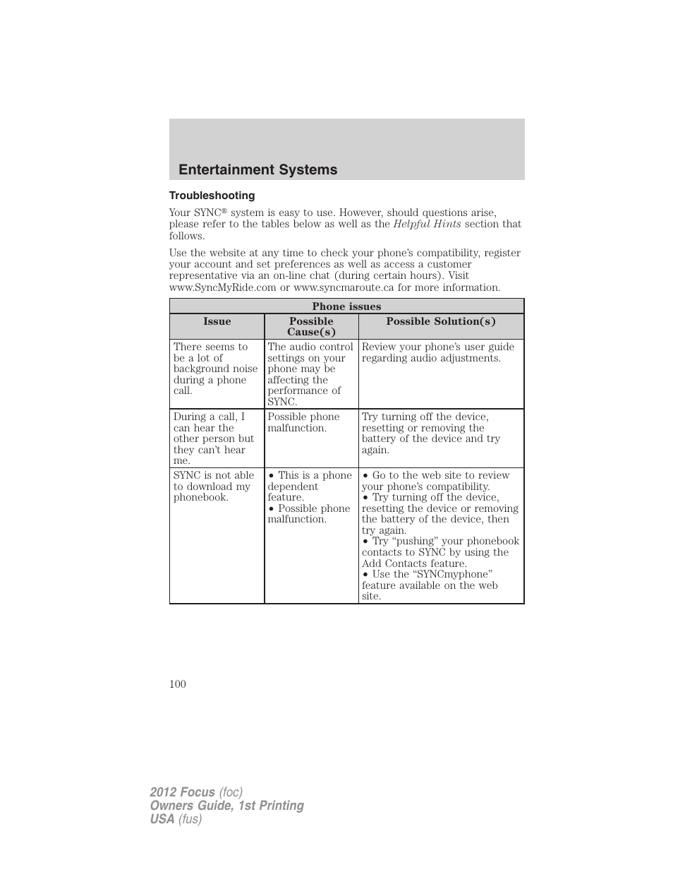 Troubleshooting, Entertainment systems | FORD 2012 Focus v.1 User Manual | Page 100 / 406