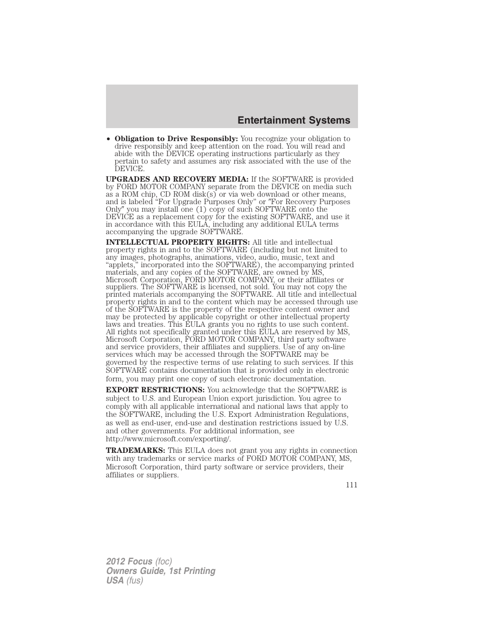 Entertainment systems | FORD 2012 Focus v.1 User Manual | Page 111 / 406