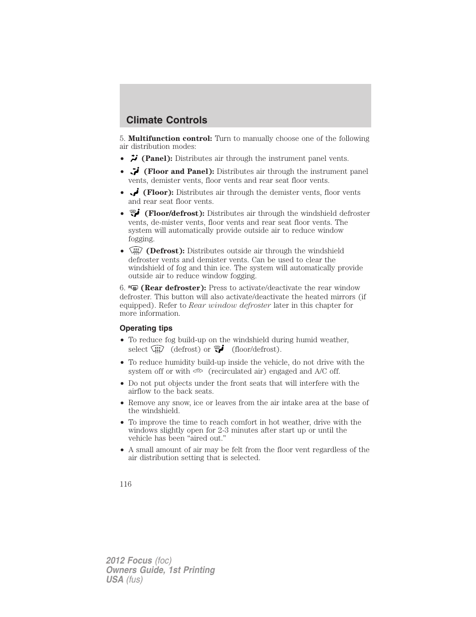 Operating tips, Climate controls | FORD 2012 Focus v.1 User Manual | Page 116 / 406