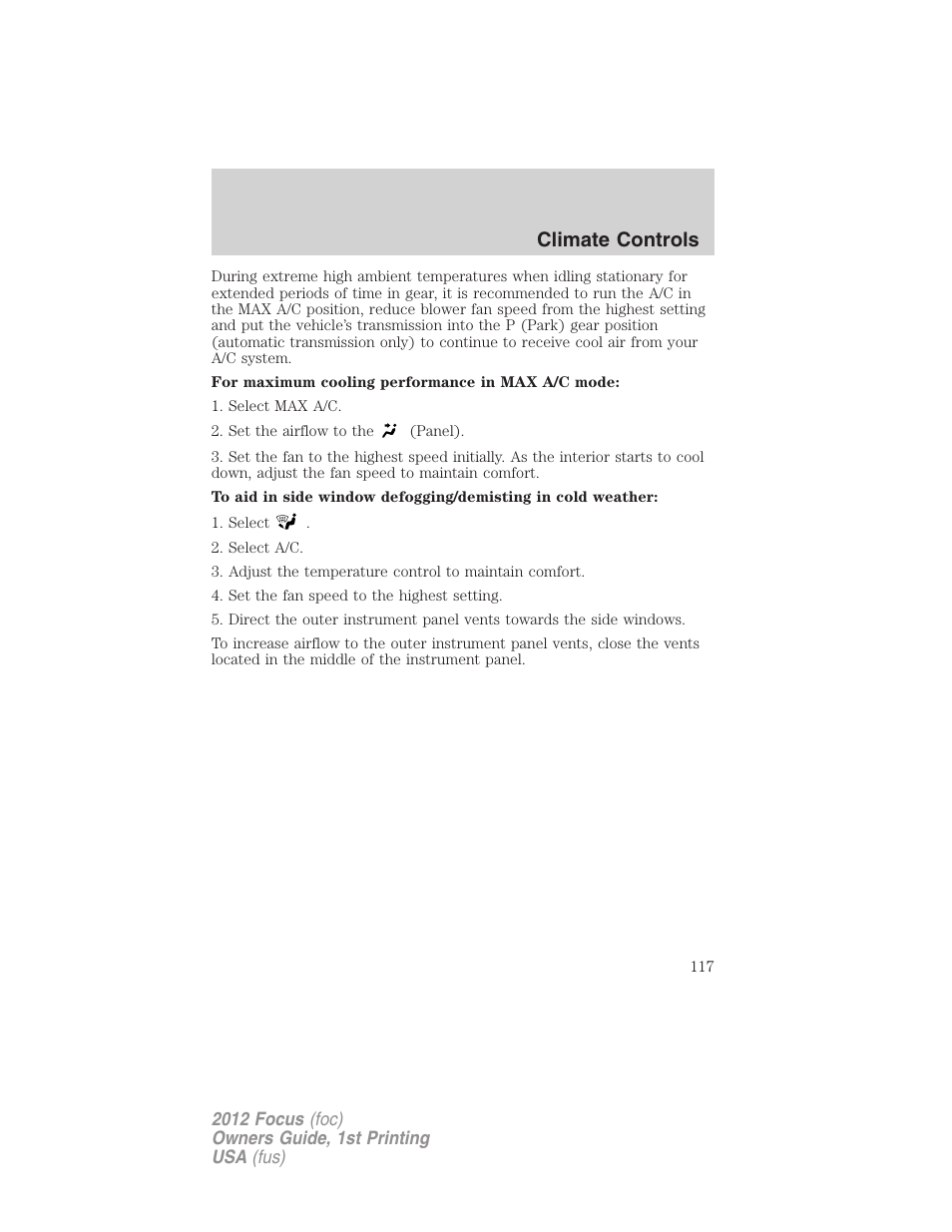 Climate controls | FORD 2012 Focus v.1 User Manual | Page 117 / 406