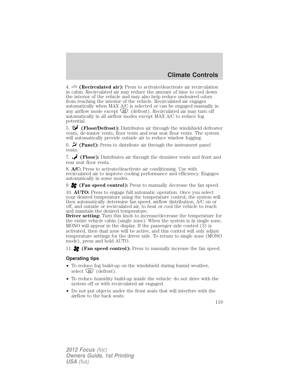 Operating tips, Climate controls | FORD 2012 Focus v.1 User Manual | Page 119 / 406