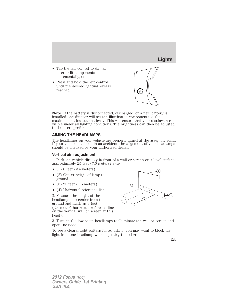 Aiming the headlamps, Vertical aim adjustment, Lights | FORD 2012 Focus v.1 User Manual | Page 125 / 406