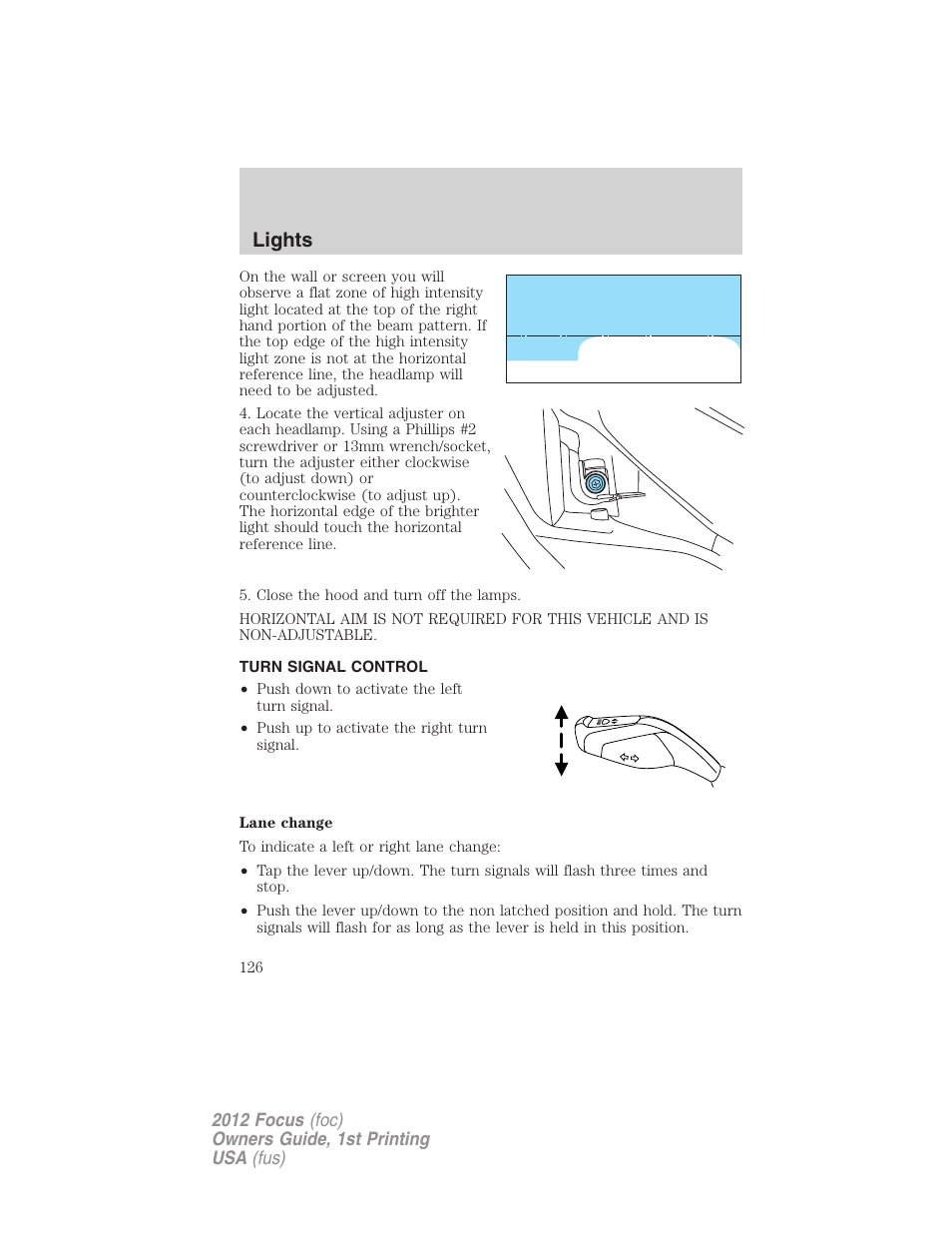 Turn signal control, Lights | FORD 2012 Focus v.1 User Manual | Page 126 / 406