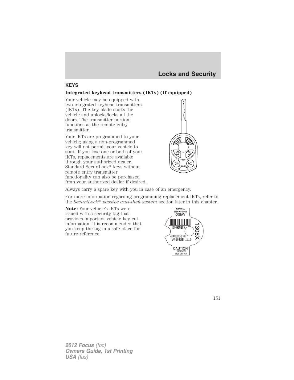 Locks and security, Keys | FORD 2012 Focus v.1 User Manual | Page 151 / 406