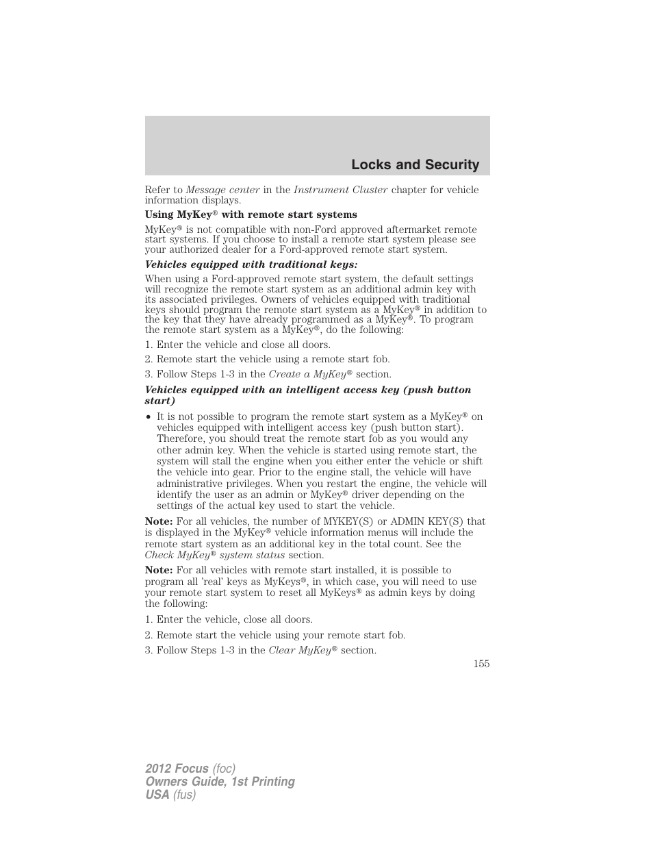 Locks and security | FORD 2012 Focus v.1 User Manual | Page 155 / 406