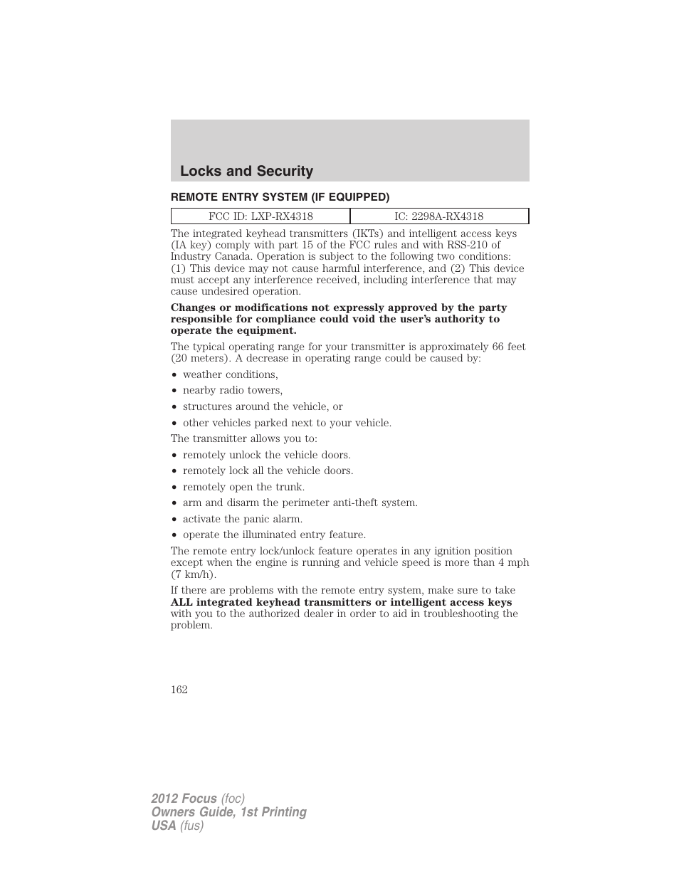 Remote entry system (if equipped), Locks and security | FORD 2012 Focus v.1 User Manual | Page 162 / 406