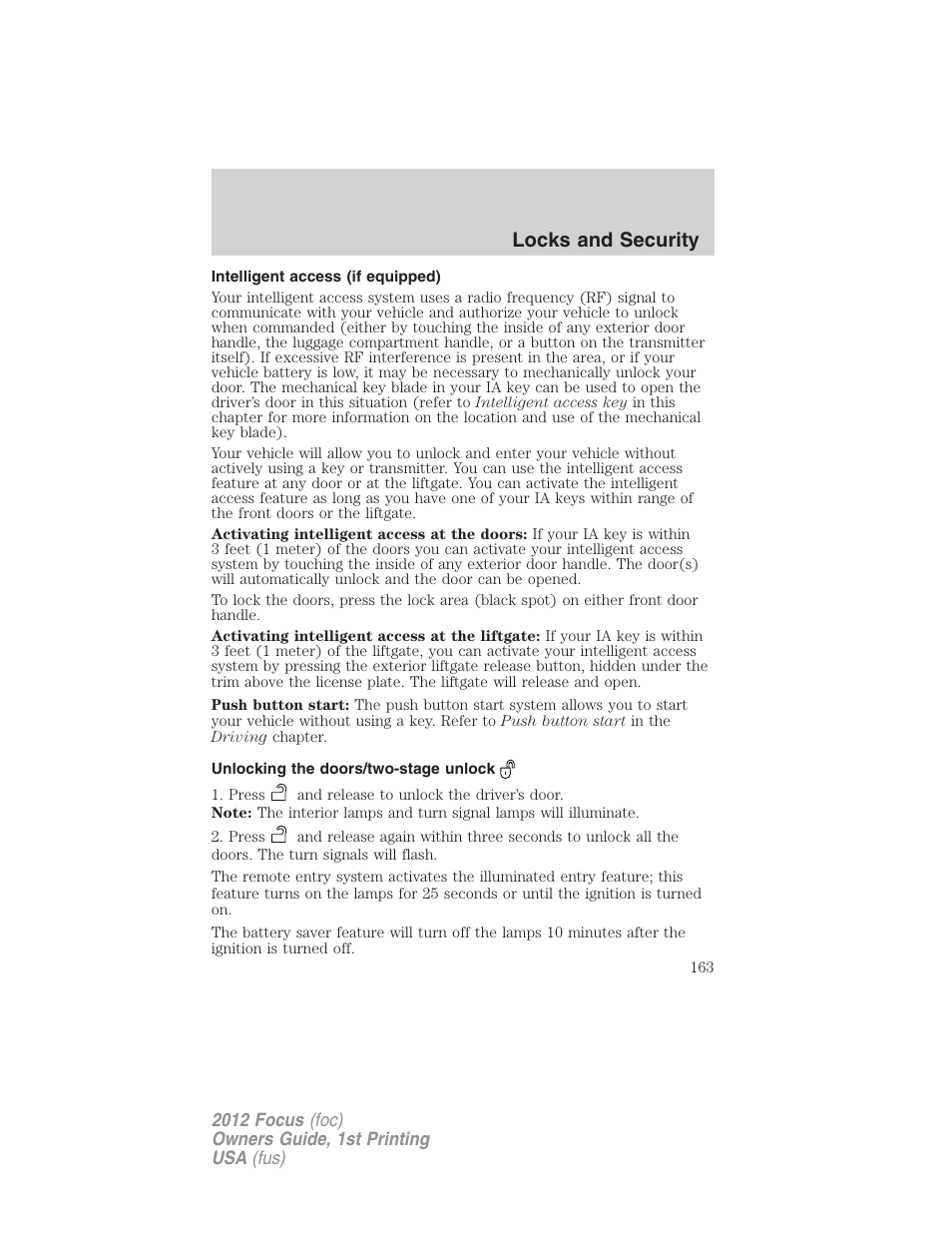 Intelligent access (if equipped), Unlocking the doors/two-stage unlock, Locks and security | FORD 2012 Focus v.1 User Manual | Page 163 / 406
