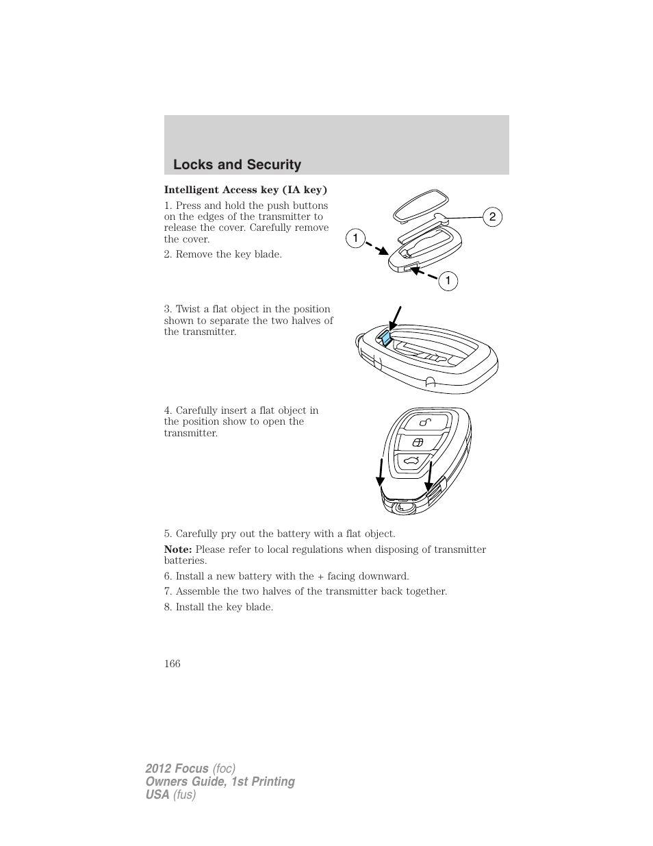 Locks and security | FORD 2012 Focus v.1 User Manual | Page 166 / 406