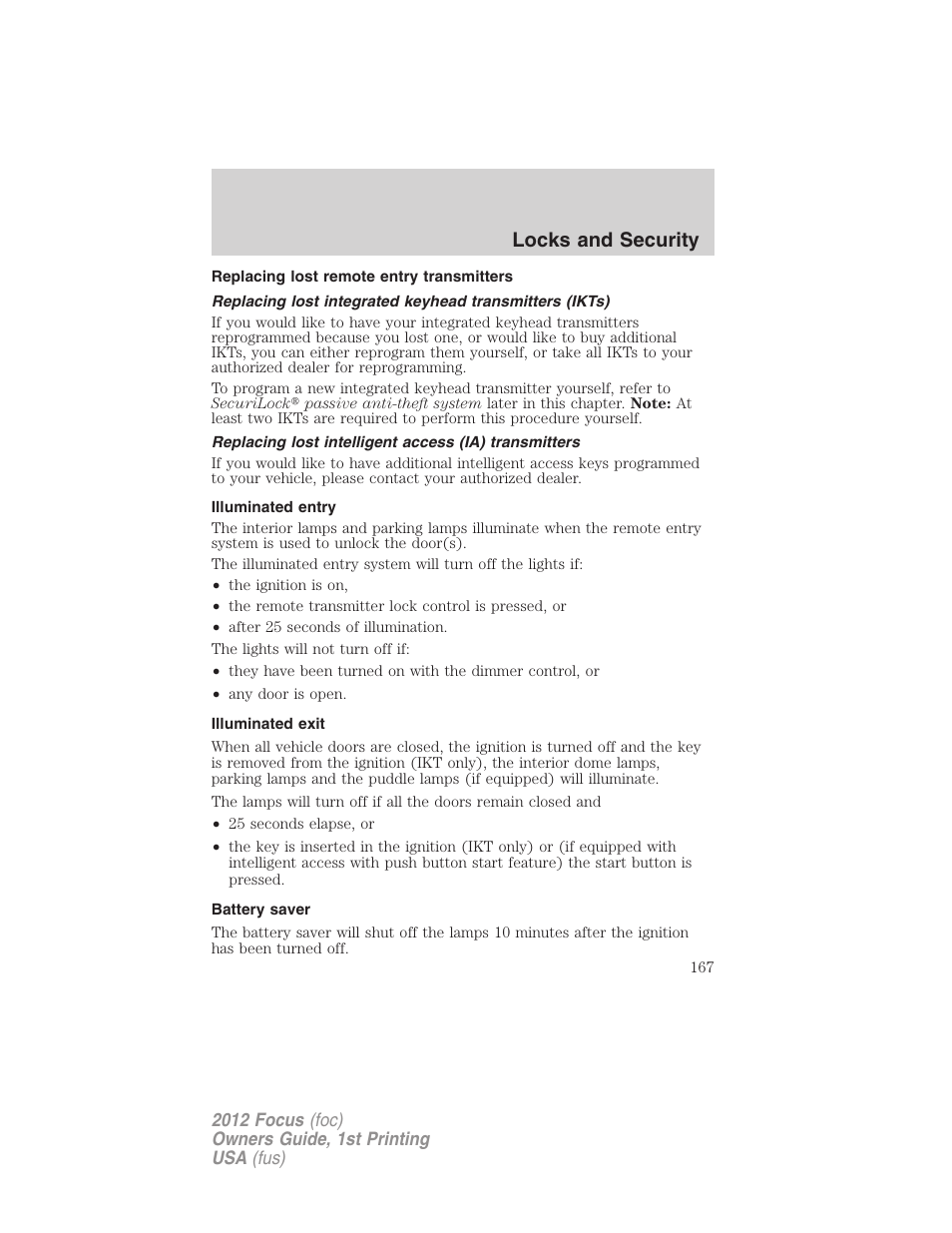 Replacing lost remote entry transmitters, Illuminated entry, Illuminated exit | Battery saver, Locks and security | FORD 2012 Focus v.1 User Manual | Page 167 / 406