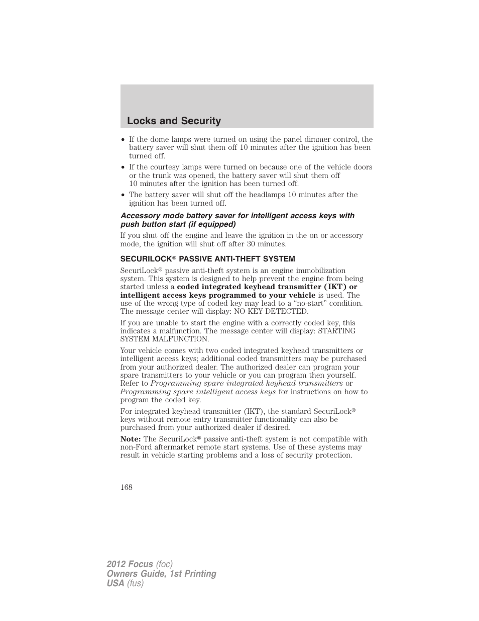 Securilock passive anti-theft system, Anti-theft system, Locks and security | FORD 2012 Focus v.1 User Manual | Page 168 / 406