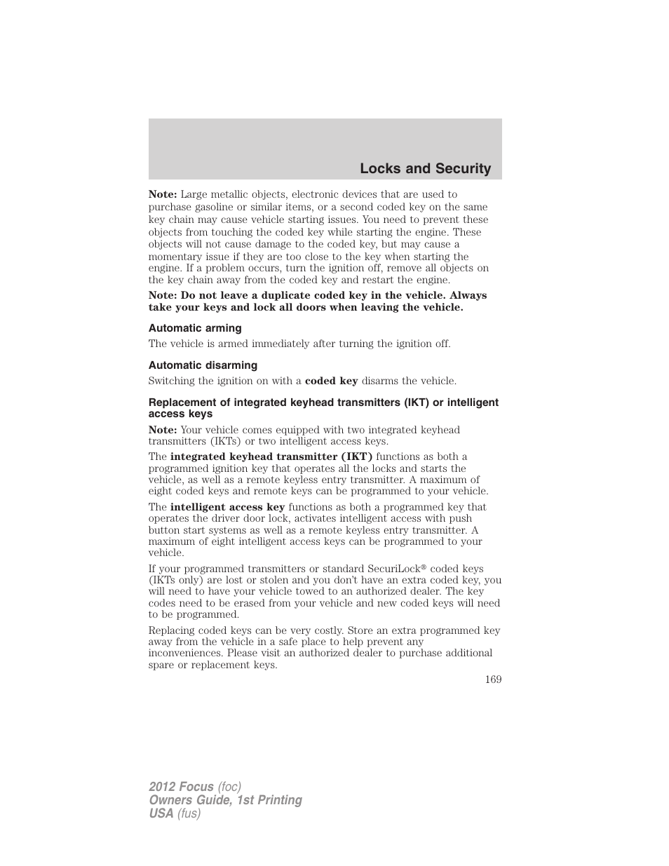 Automatic arming, Automatic disarming, Locks and security | FORD 2012 Focus v.1 User Manual | Page 169 / 406