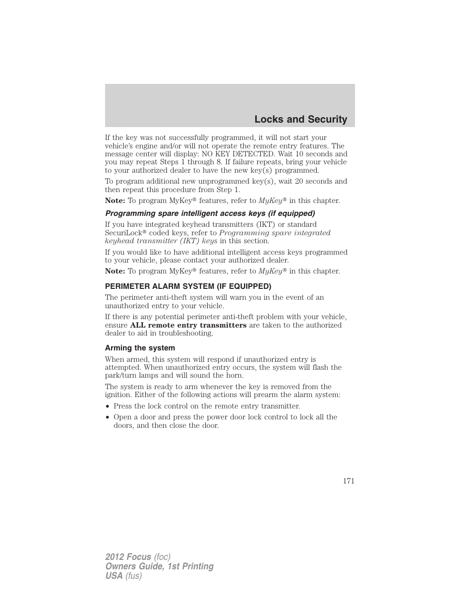 Perimeter alarm system (if equipped), Arming the system, Locks and security | FORD 2012 Focus v.1 User Manual | Page 171 / 406