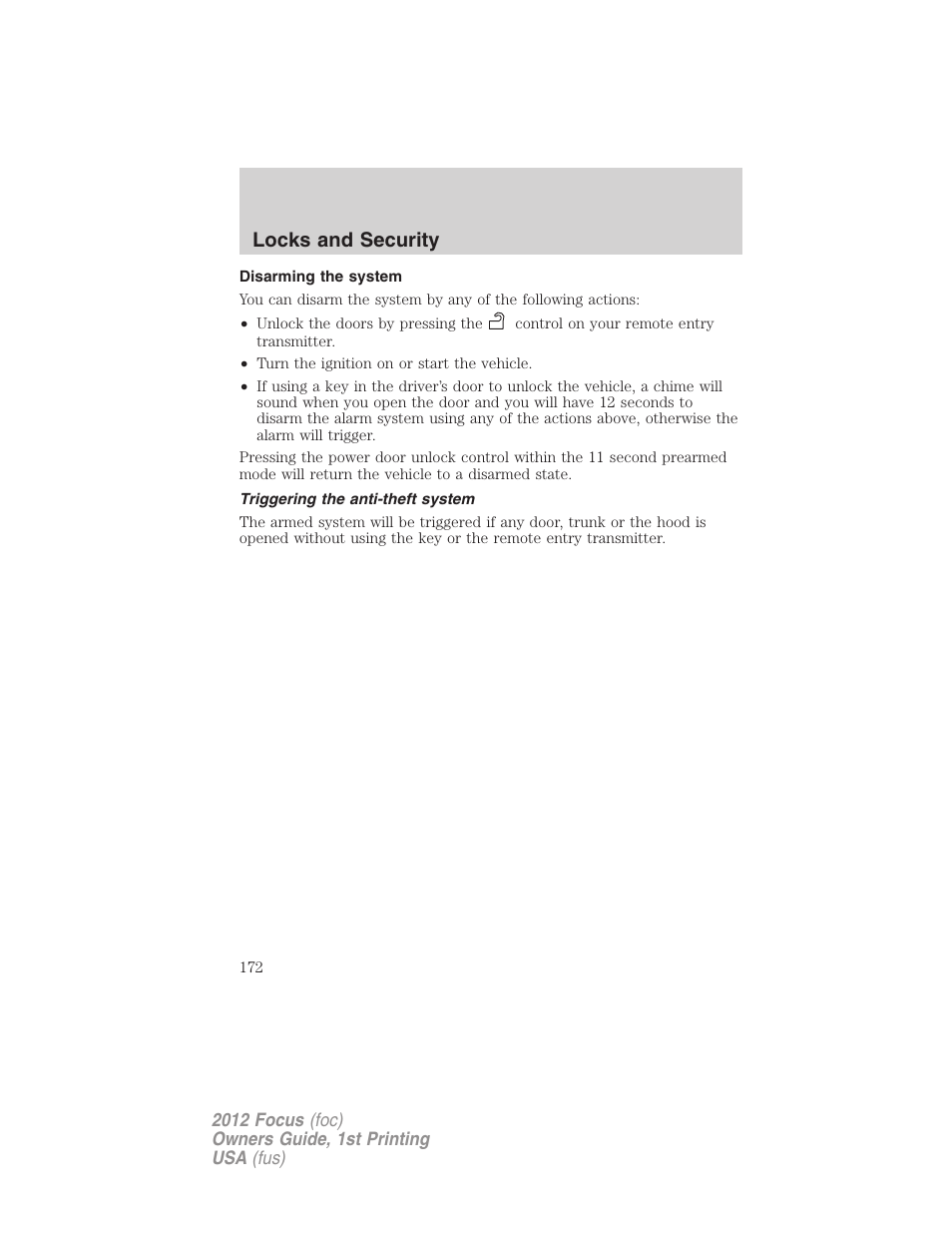 Disarming the system, Triggering the anti-theft system, Locks and security | FORD 2012 Focus v.1 User Manual | Page 172 / 406