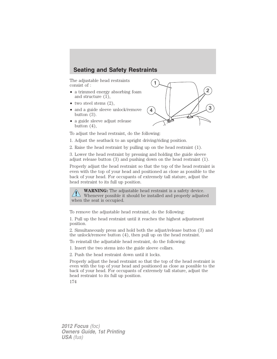 Seating and safety restraints | FORD 2012 Focus v.1 User Manual | Page 174 / 406