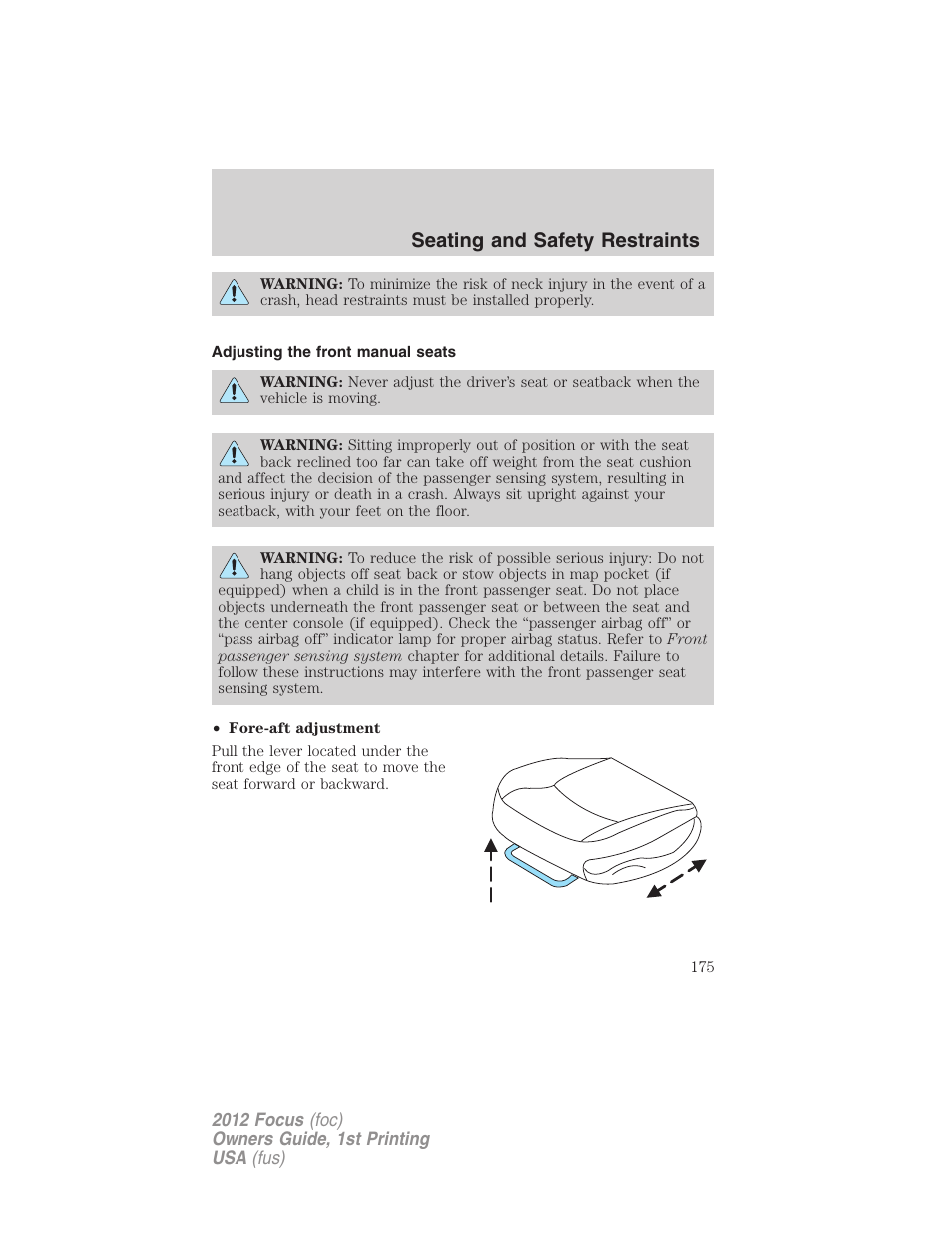 Adjusting the front manual seats, Seating and safety restraints | FORD 2012 Focus v.1 User Manual | Page 175 / 406
