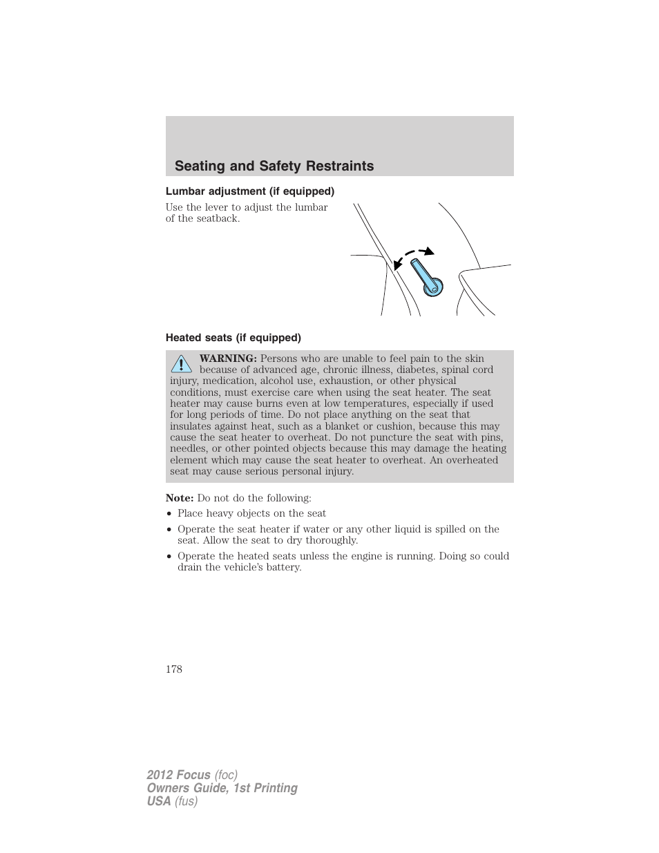 Lumbar adjustment (if equipped), Heated seats (if equipped), Seating and safety restraints | FORD 2012 Focus v.1 User Manual | Page 178 / 406