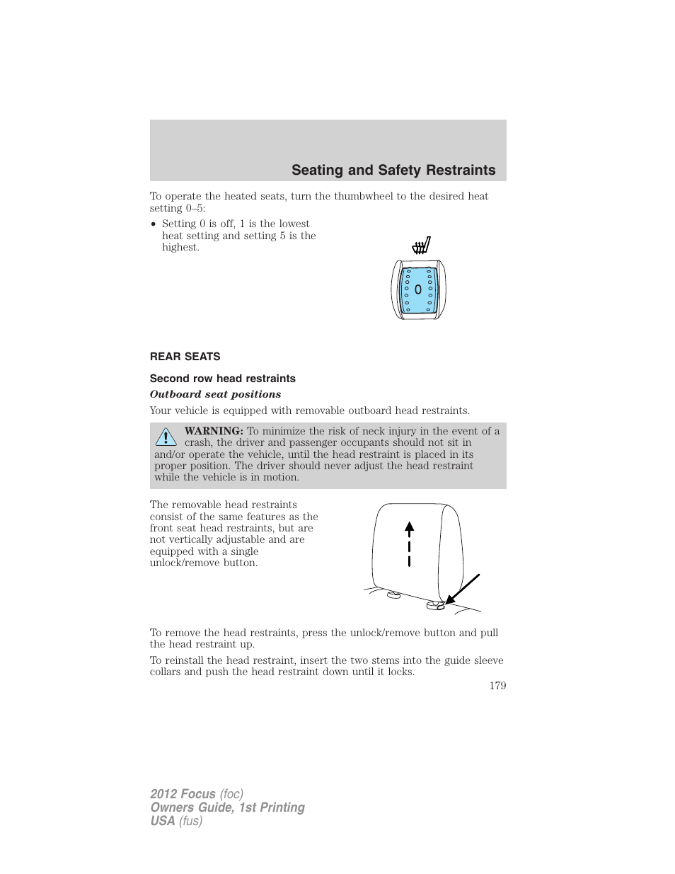 Rear seats, Second row head restraints, Seating and safety restraints | FORD 2012 Focus v.1 User Manual | Page 179 / 406