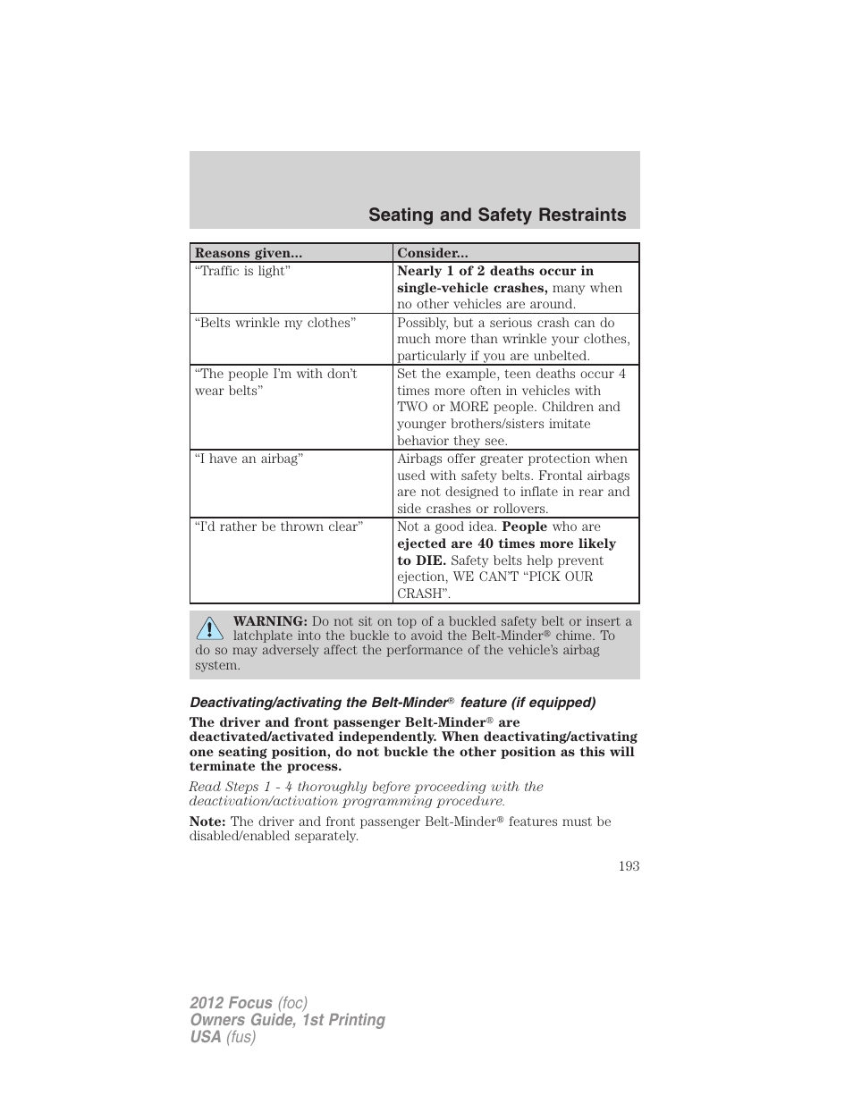 Seating and safety restraints | FORD 2012 Focus v.1 User Manual | Page 193 / 406