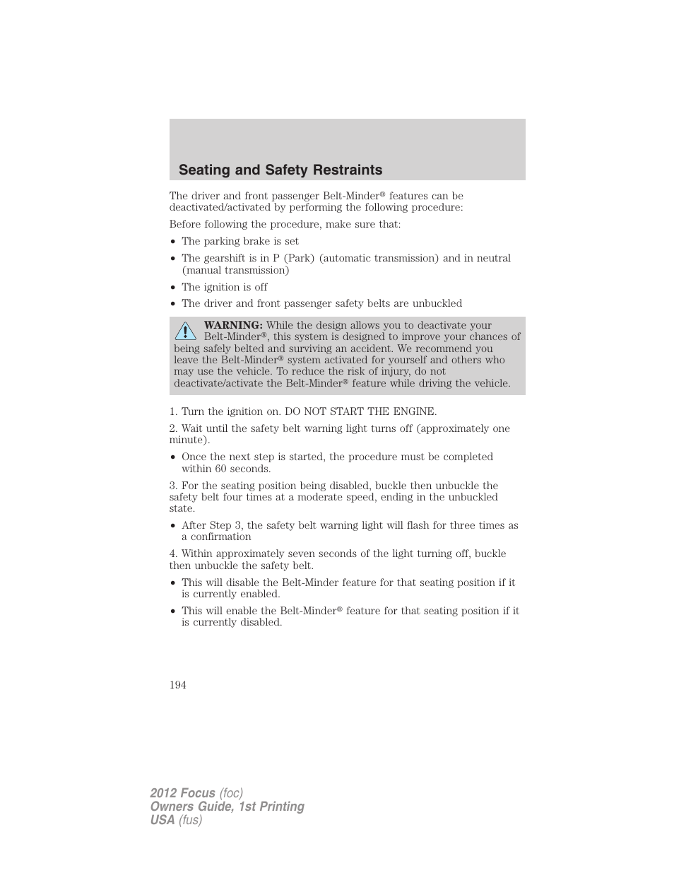 Seating and safety restraints | FORD 2012 Focus v.1 User Manual | Page 194 / 406