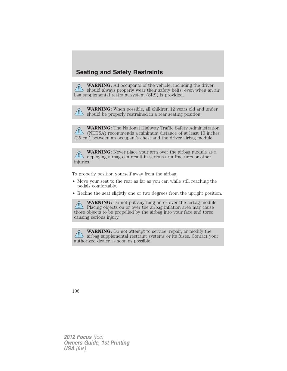 Seating and safety restraints | FORD 2012 Focus v.1 User Manual | Page 196 / 406