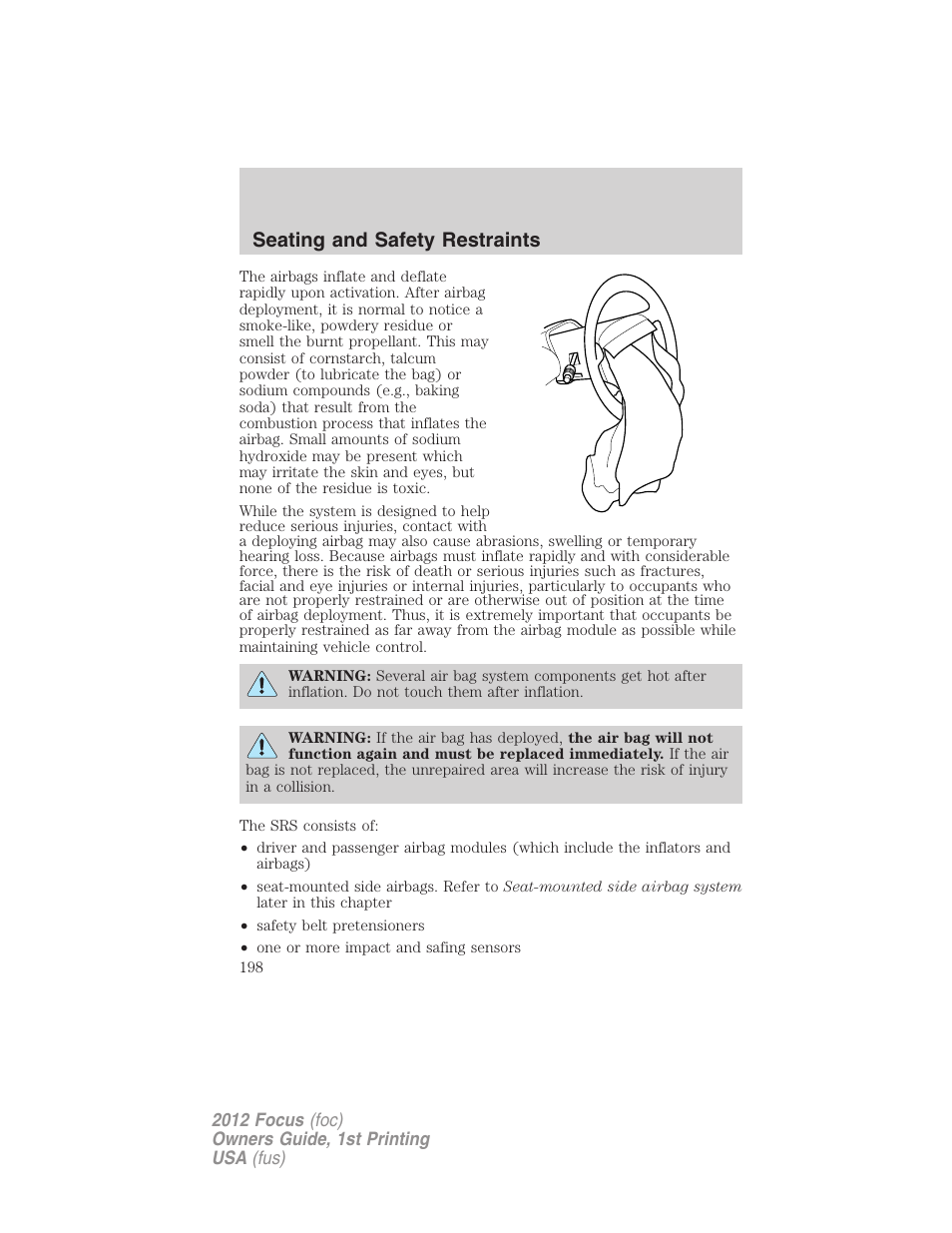 Seating and safety restraints | FORD 2012 Focus v.1 User Manual | Page 198 / 406