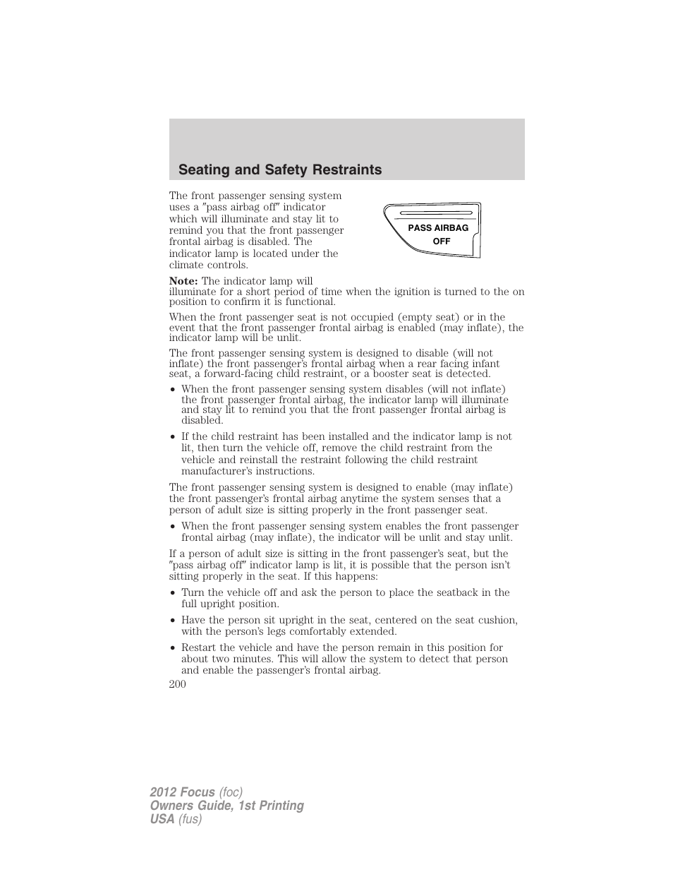 Seating and safety restraints | FORD 2012 Focus v.1 User Manual | Page 200 / 406