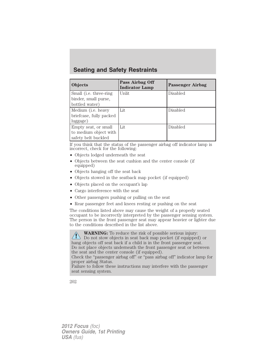 Seating and safety restraints | FORD 2012 Focus v.1 User Manual | Page 202 / 406