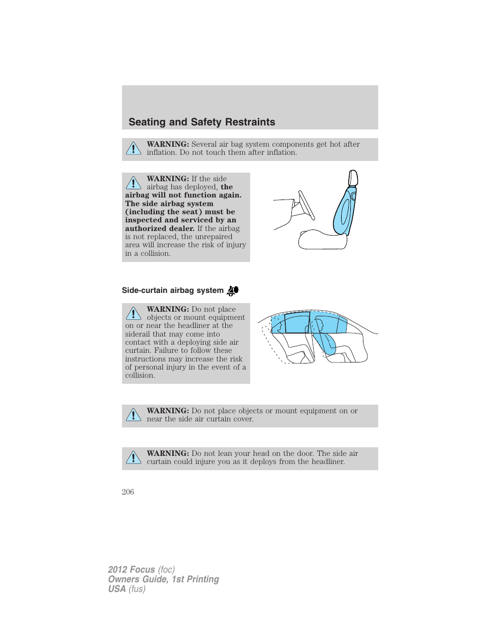 Side-curtain airbag system, Seating and safety restraints | FORD 2012 Focus v.1 User Manual | Page 206 / 406