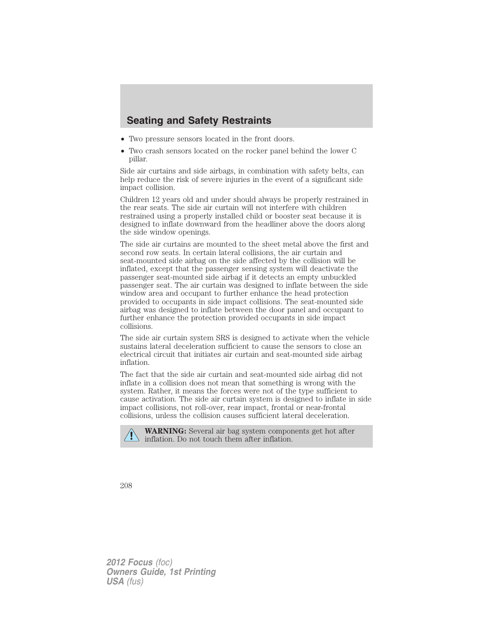 Seating and safety restraints | FORD 2012 Focus v.1 User Manual | Page 208 / 406