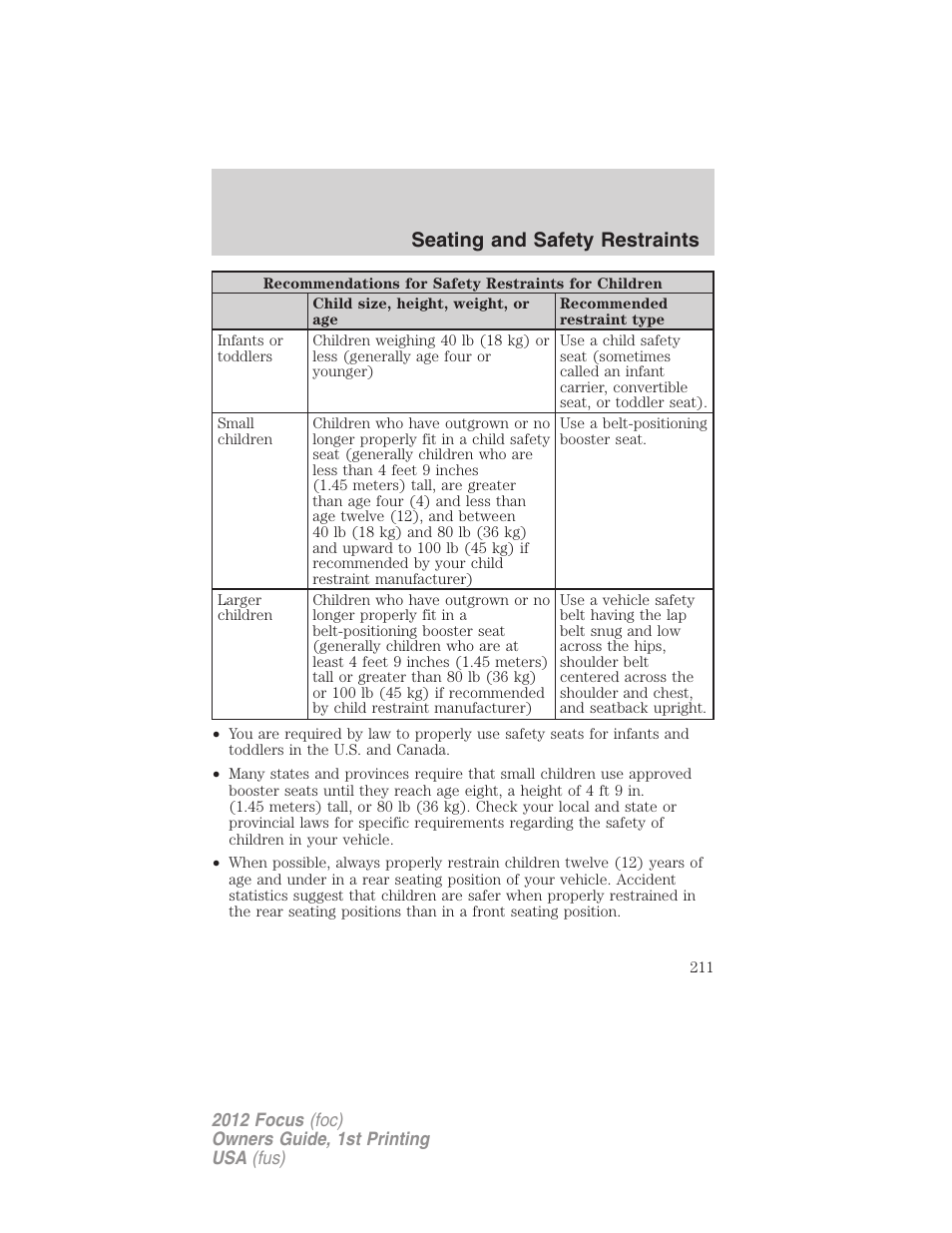 Seating and safety restraints | FORD 2012 Focus v.1 User Manual | Page 211 / 406