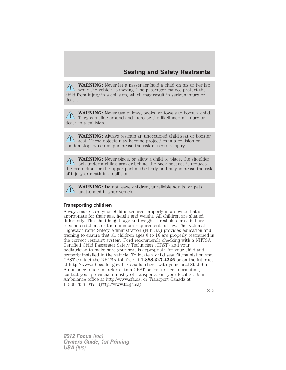 Transporting children, Seating and safety restraints | FORD 2012 Focus v.1 User Manual | Page 213 / 406