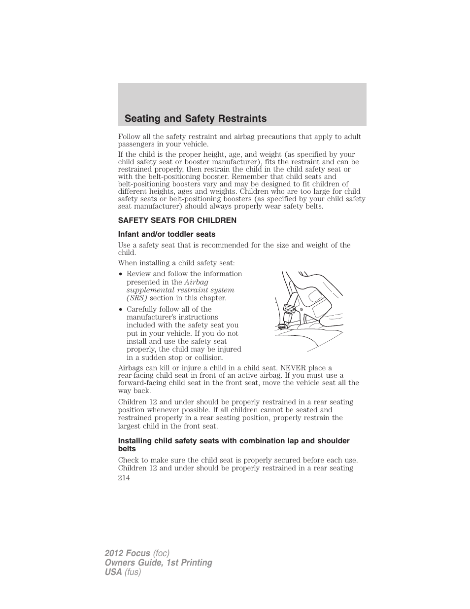 Safety seats for children, Infant and/or toddler seats, Seating and safety restraints | FORD 2012 Focus v.1 User Manual | Page 214 / 406