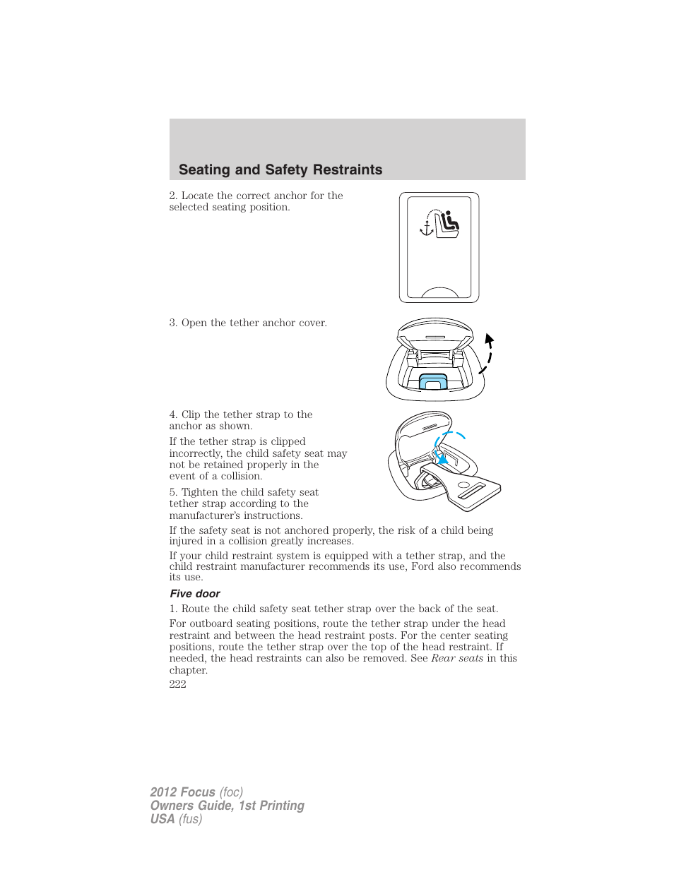 Five door, Seating and safety restraints | FORD 2012 Focus v.1 User Manual | Page 222 / 406