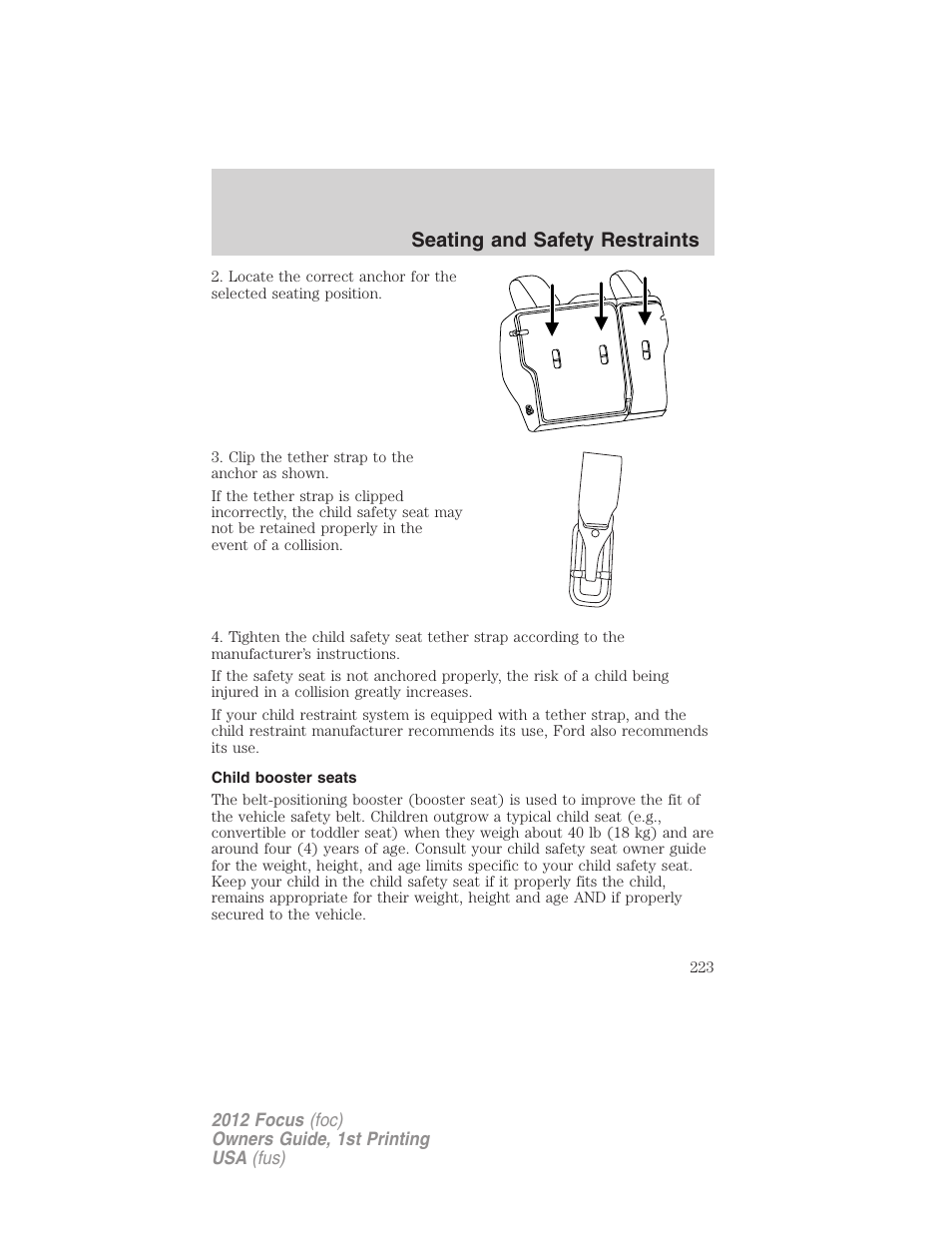 Child booster seats, Seating and safety restraints | FORD 2012 Focus v.1 User Manual | Page 223 / 406