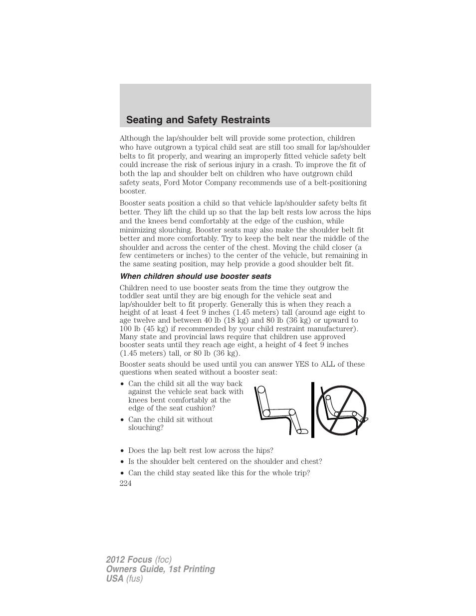 When children should use booster seats, Seating and safety restraints | FORD 2012 Focus v.1 User Manual | Page 224 / 406